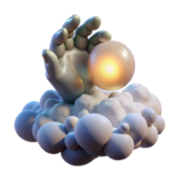 stunning traditional A giant hand made of clouds reaches down from the sky, holding a single, glowing orb. Fantasy style, soft, divine lighting professional png