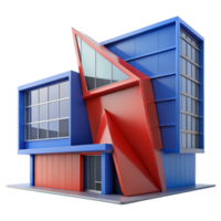 serene modern Deconstructivist office building, sharp angles, tilted walls, vibrant red and blue panels, overcast lighting, photorealistic render premium png