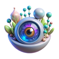 wonderful traditional A giant, iridescent eye gazing through a fractal portal, surrounded by glowing orbs and bioluminescent flora, in a visionary art style, 4K png