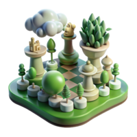 impressive vintage A giant chessboard with pieces made of living plants and animals sits on a cloud, with a shadowy figure looming above. Fantasy style, soft diffused lighting premium png