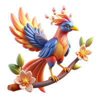vibrant abstract A majestic Slavic firebird perched on a blooming tree branch, feathers glowing with intense light, dark forest background. Slavic folklore style 4K png