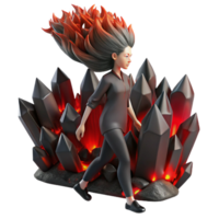extraordinary modern A woman with hair made of flowing lava walks through a field of obsidian crystals. Surrealism style, dramatic red and black lighting detailed png