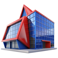 dramatic minimalist Deconstructivist office building, sharp angles, tilted walls, vibrant red and blue panels, overcast lighting, photorealistic render exclusive png