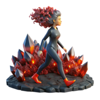 dramatic rustic A woman with hair made of flowing lava walks through a field of obsidian crystals. Surrealism style, dramatic red and black lighting premium png