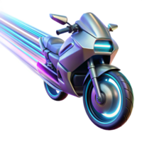 impressive rustic A futuristic flying motorcycle with sharp angles and glowing neon accents, soaring through a tunnel of light, illuminated by streaks of light trails, in a synthwave style genuine png