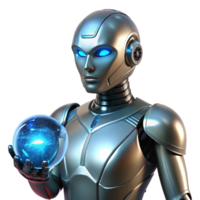 elegant modern A sleek, chrome humanoid robot with intricate wiring visible beneath translucent synthetic skin, holding a glowing orb of energy, lit by soft blue neon light in a cyberpunk style 4K png