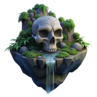 beautiful contemporary A floating island shaped like a human skull is covered in lush vegetation and waterfalls. Dark fantasy style, muted twilight lighting detailed png