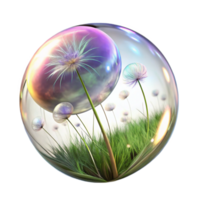 stunning modern A giant, iridescent soap bubble floats amidst a field of dandelion seeds that glow with internal light. Dreamlike, soft focus lighting exclusive png