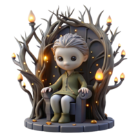wonderful classic A porcelain doll with cracked features sits on a throne of twisted tree roots, surrounded by fireflies. Dark fantasy style, dimly lit with glowing embers 4K png
