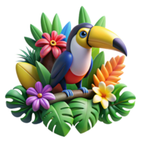 magnificent traditional A colorful toucan perched on a branch, surrounded by lush tropical flowers, in a vibrant, detailed style genuine png
