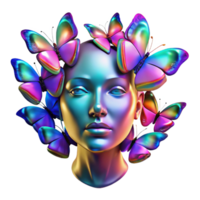 beautiful creative A swarm of iridescent butterflies forms the shape of a human face. Abstract style, vibrant, multi-colored lighting 4K png