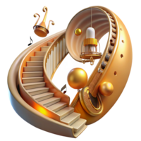 magnificent rustic A staircase made of musical instruments spirals upwards into a sky filled with swirling sheet music. Surrealism style, warm golden lighting 4K png