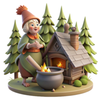 magnificent abstract A Baba Yaga flying in her mortar, chicken-legged hut in the background, dark forest setting. Slavic folklore style professional png