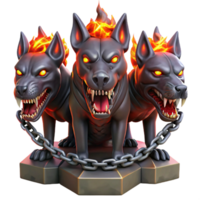 wonderful artistic A fierce, three-headed Cerberus, with glowing red eyes and dripping saliva, chained to a fiery gate, dark fantasy style, dramatic lighting authentic png