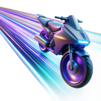 impressive rustic A futuristic flying motorcycle with sharp angles and glowing neon accents, soaring through a tunnel of light, illuminated by streaks of light trails, in a synthwave style original png