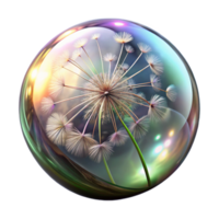 dramatic modern A giant, iridescent soap bubble floats amidst a field of dandelion seeds that glow with internal light. Dreamlike, soft focus lighting original png