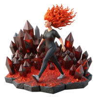 vibrant rustic A woman with hair made of flowing lava walks through a field of obsidian crystals. Surrealism style, dramatic red and black lighting premium png
