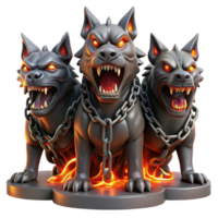vibrant creative A fierce, three-headed Cerberus, with glowing red eyes and dripping saliva, chained to a fiery gate, dark fantasy style, dramatic lighting high resolution png