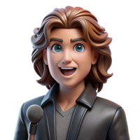 beautiful rustic Portrait of a charismatic rockstar with long tousled hair, a leather jacket, and a microphone, lit by stage lights, in a pop art style professional png