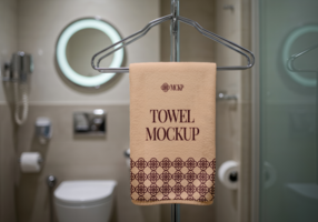 A beige towel with Towel Mockup printed on it hangs on a clothes hanger in a bathroom psd