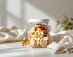 A glass jar filled with crackers sits on a table next to a gold star psd