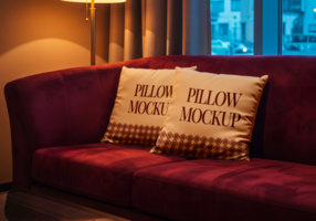 Two pillows reading Pillow Mockup sit on a plush burgundy couch next to a lamp psd