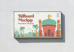 A Ramadan Mubarak billboard mockup featuring a mosque and palm trees psd