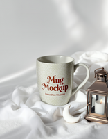 A Ramadan Mubarak mug mockup sits on a white fabric next to a lit lantern and crescent moon psd