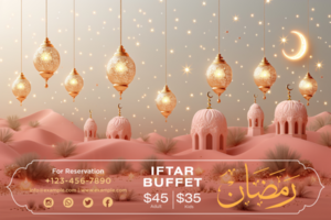 Ramadan Iftar Party Hanging Lanterns Banner with Elegant Crescent Moon and Glittering Gold Design psd