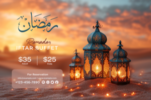 Ramadan Iftar Buffet Poster with Elegant Lanterns, Desert Night viewglowing stars psd