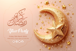 Ramadan Iftar Party Glitter Banner with Hanging Crescent Moon and Stars on a Festive Background psd