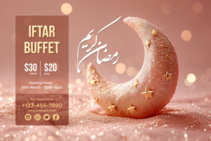 Ramadan Iftar Party with a Luxurious Banner Featuring Elegant Hanging Lanterns and Stars psd