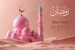 Ramadan Iftar Buffet Banner with Elegant Pink Model Mosque and a Luxurious Glowing Glitter Background psd