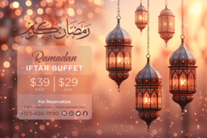Ramadan Kareem Hanging Lanterns Banner for an Iftar Celebration with a Stylish Golden Glow psd
