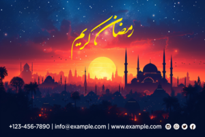 Ramadan Iftar Buffet Banner with Sunset and Mosque in background psd