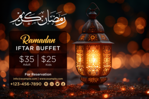 Stylish Ramadan Iftar Buffet Banner with Lanterns and Golden Crescent Moon for a Festive Ambiance psd