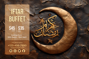 Golden Ramadan Banner Moon with intricate lantern decorations and elegant script psd
