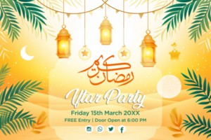 Hanging Lanterns and Crescent Moon Ramadan Kareem Iftar Buffet Banner with a Green Leaves psd