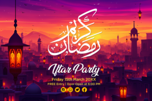Ramadan Iftar Party Invitation with Crescent Moon, Lanterns, and Glittering Stars in a Beautiful Banner psd