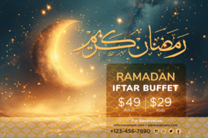 Glowing Stars and Hanging Crescent Moon in a Ramadan Iftar Party Banner for Festive Vibes psd