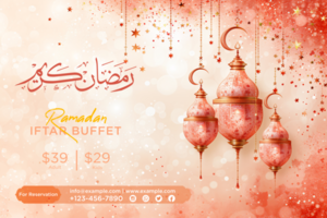 Ramadan Hanging Lanterns and Crescent Moon Banner for an Elegant Festive Atmosphere Water color style psd