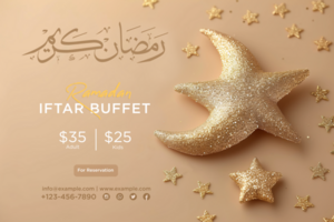 Ramadan Iftar Buffet Banner with Beautiful Islamic Patterns, Crescent Moon, and Hanging Glowing Lanterns psd