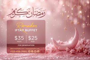 Elegant Ramadan Iftar Buffet Poster Design with Vertical Layout Featuring Crescent Moon and Golden Decorations psd
