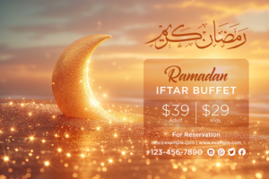 Luxurious Ramadan Kareem Iftar Buffet invitation with artistic calligraphy and soft golden glow psd
