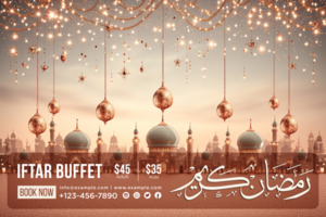 Golden Ramadan Hanging Moon invitation with intricate lantern decorations and elegant script psd