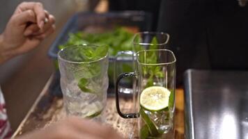 Adding lime slice to cocktail, bartender preparing vibrant drink with mint and ice, refreshing summer vibe, close-up of fresh ingredients, symbol of freshness and creative beverage crafting. video