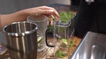 Hand placing lime slice in cocktail, vibrant drink preparation with mint and ice, close-up on fresh details, refreshing summer spirit, bartender crafting beverage with precision. video