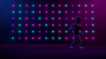 Cartoon man dancing on a dark stage with cyan, magenta, and purple circular lights in the background. Loop sequence. 3d animation video