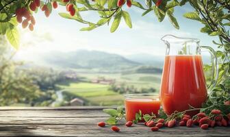 Goji berry juice in a glass jug with copy space on wooden table photo