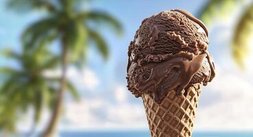Chocolate ice cream cone melting on tropical beach with palm trees in background photo